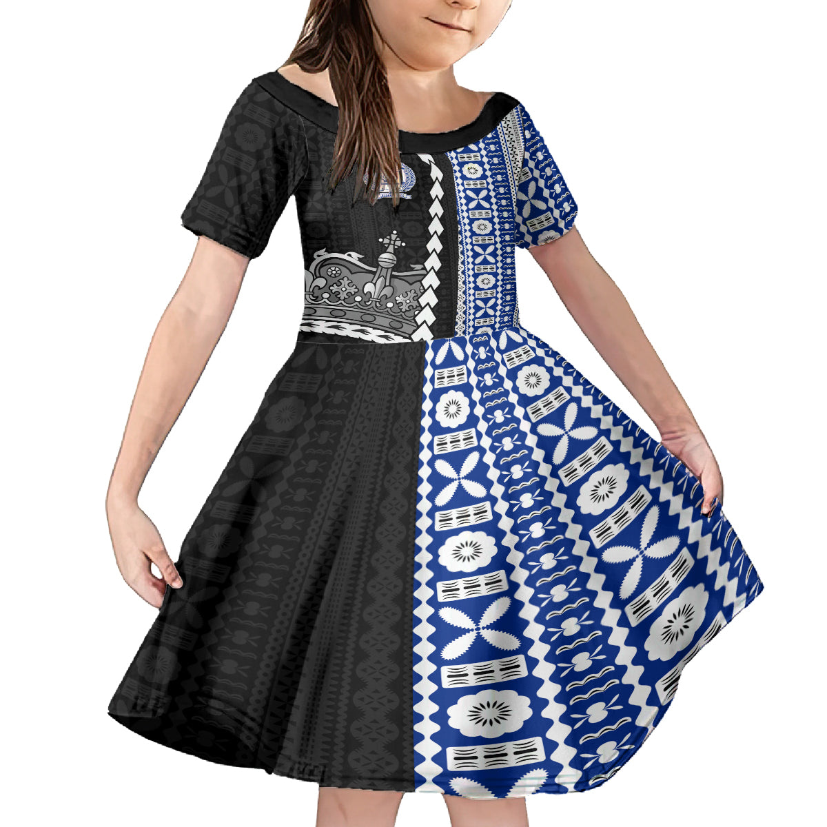 Fiji Queen Victoria School Kid Short Sleeve Dress Tapa and Polynesian Tribal Pattern Half Style LT03 KID Black - Polynesian Pride
