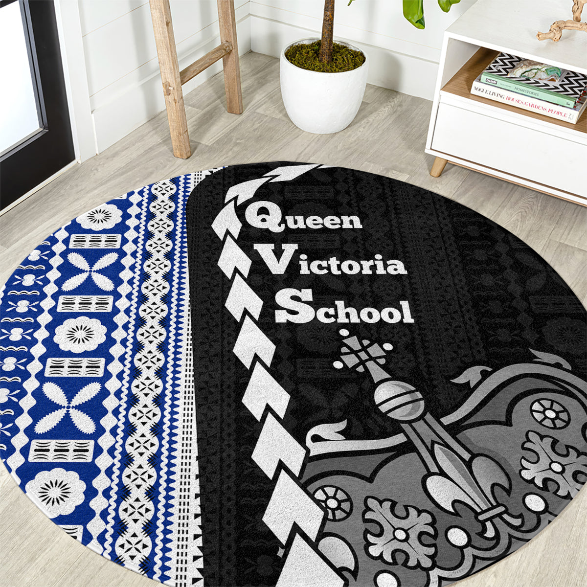 Fiji Queen Victoria School Round Carpet Tapa and Polynesian Tribal Pattern Half Style LT03 Black - Polynesian Pride
