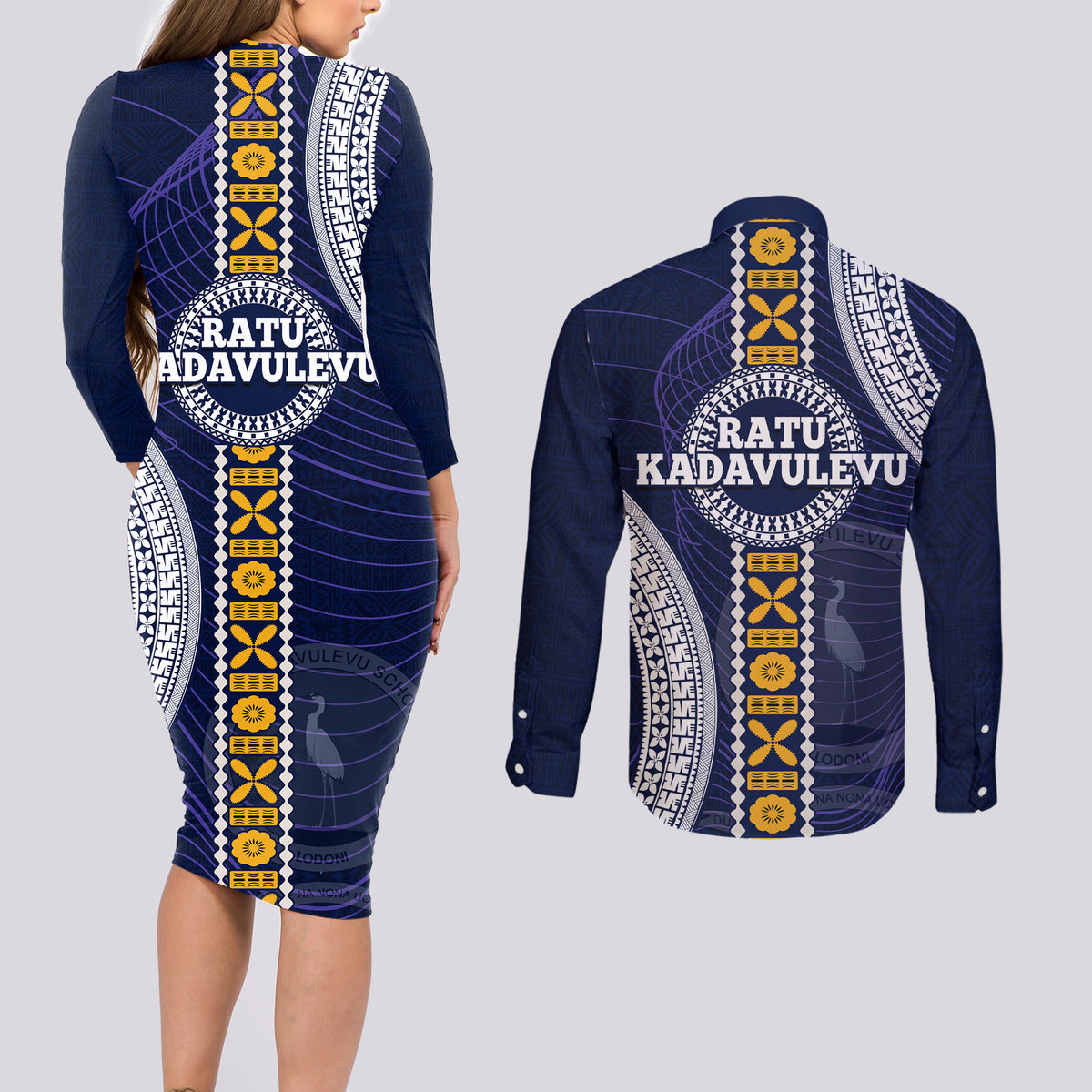 Fiji Ratu Kadavulevu School Couples Matching Long Sleeve Bodycon Dress and Long Sleeve Button Shirt Tapa and Polynesian Tribal Pattern LT03 - Polynesian Pride