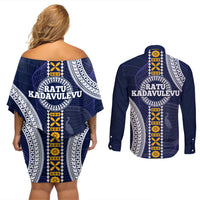Fiji Ratu Kadavulevu School Couples Matching Off Shoulder Short Dress and Long Sleeve Button Shirt Tapa and Polynesian Tribal Pattern LT03 - Polynesian Pride