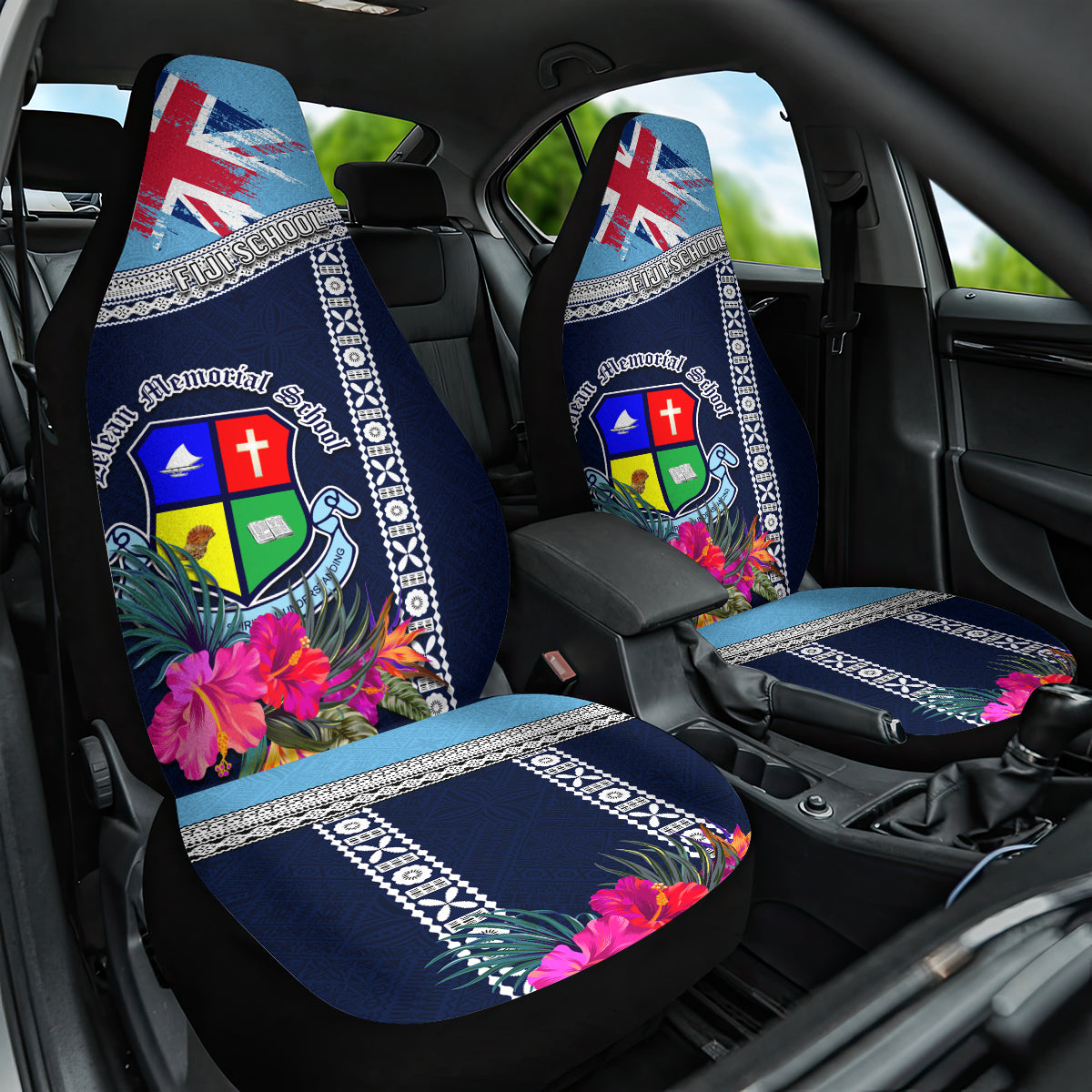 Fiji Lelean Memorial School Car Seat Cover Tapa and Polynesian Tribal Pattern LT03 One Size Blue - Polynesian Pride