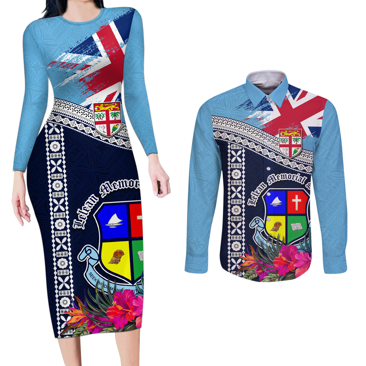 Fiji Lelean Memorial School Couples Matching Long Sleeve Bodycon Dress and Long Sleeve Button Shirt Tapa and Polynesian Tribal Pattern LT03 Blue - Polynesian Pride