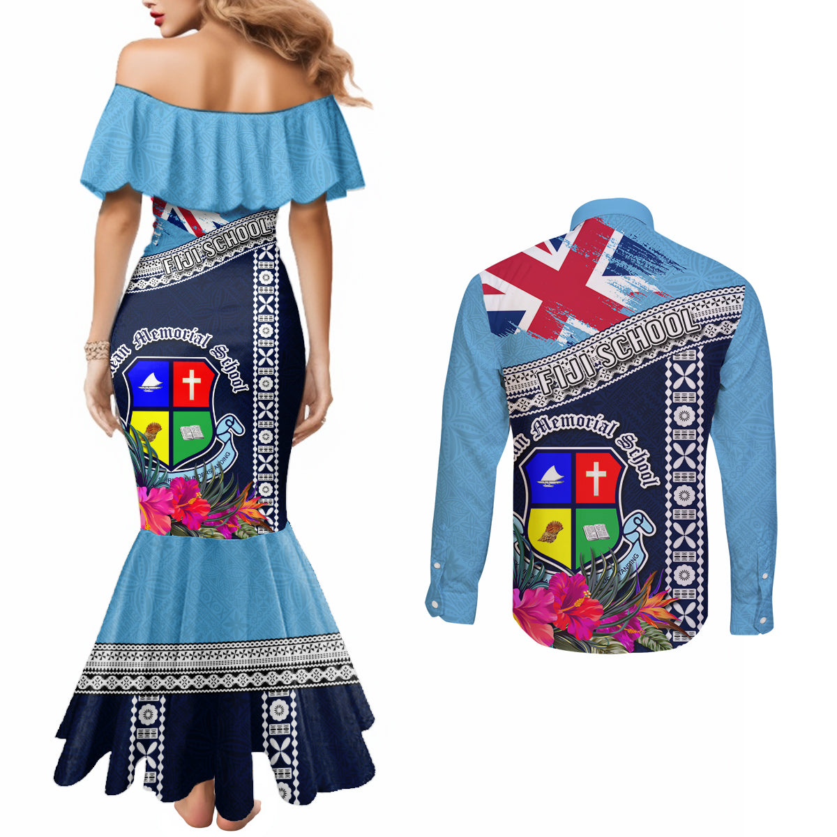 Fiji Lelean Memorial School Couples Matching Mermaid Dress and Long Sleeve Button Shirt Tapa and Polynesian Tribal Pattern LT03 - Polynesian Pride