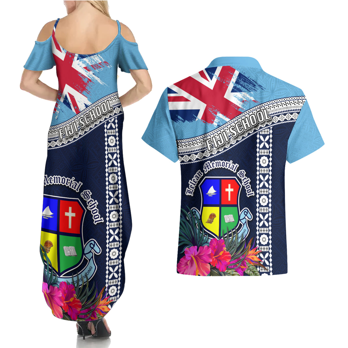 Fiji Lelean Memorial School Couples Matching Summer Maxi Dress and Hawaiian Shirt Tapa and Polynesian Tribal Pattern LT03 - Polynesian Pride