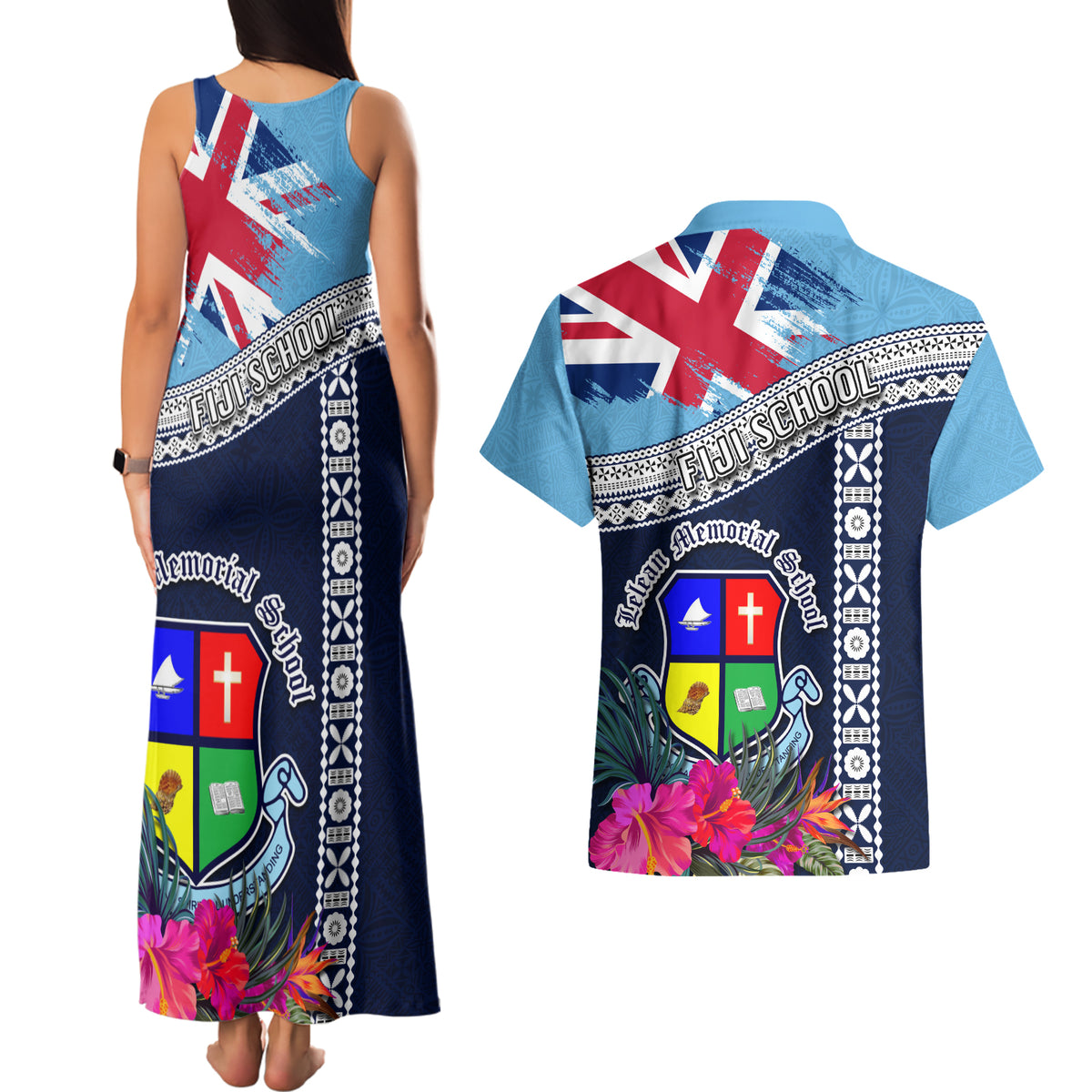 Fiji Lelean Memorial School Couples Matching Tank Maxi Dress and Hawaiian Shirt Tapa and Polynesian Tribal Pattern LT03 - Polynesian Pride