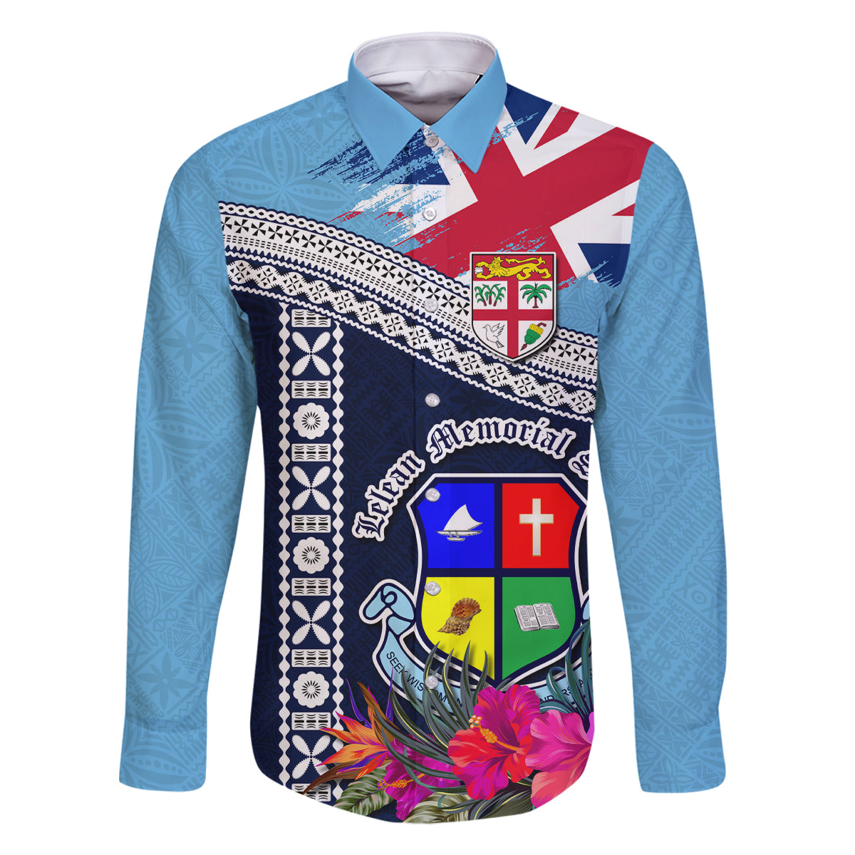 Fiji Lelean Memorial School Family Matching Long Sleeve Bodycon Dress and Hawaiian Shirt Tapa and Polynesian Tribal Pattern LT03 Dad's Shirt - Long Sleeve Blue - Polynesian Pride