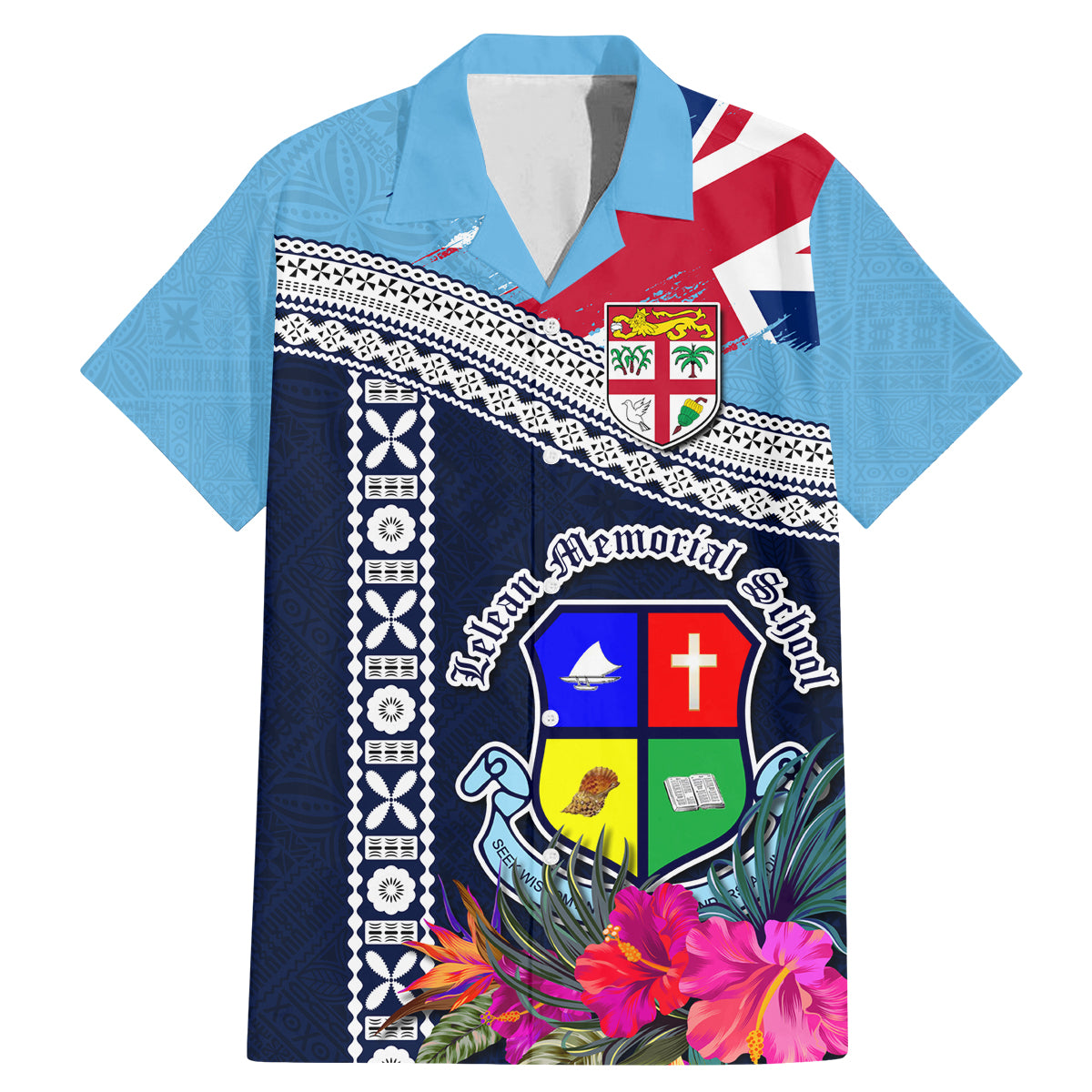 Fiji Lelean Memorial School Family Matching Mermaid Dress and Hawaiian Shirt Tapa and Polynesian Tribal Pattern LT03 Dad's Shirt - Short Sleeve Blue - Polynesian Pride