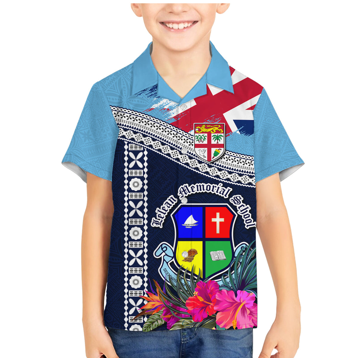Fiji Lelean Memorial School Family Matching Mermaid Dress and Hawaiian Shirt Tapa and Polynesian Tribal Pattern LT03 Son's Shirt Blue - Polynesian Pride