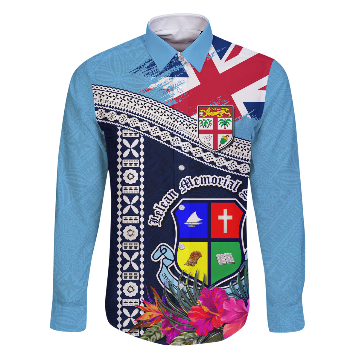 Fiji Lelean Memorial School Family Matching Puletasi Dress and Hawaiian Shirt Tapa and Polynesian Tribal Pattern LT03 Dad's Shirt - Long Sleeve Blue - Polynesian Pride