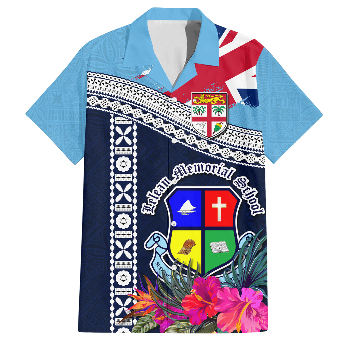 Fiji Lelean Memorial School Family Matching Short Sleeve Bodycon Dress and Hawaiian Shirt Tapa and Polynesian Tribal Pattern LT03 Dad's Shirt - Short Sleeve Blue - Polynesian Pride