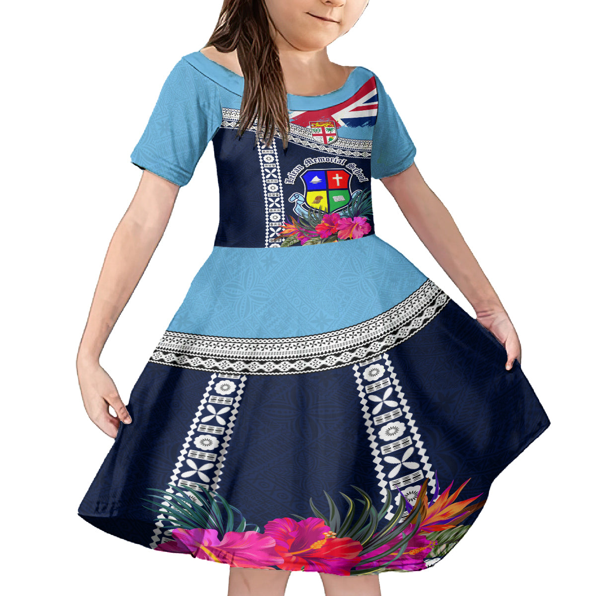 Fiji Lelean Memorial School Kid Short Sleeve Dress Tapa and Polynesian Tribal Pattern LT03 KID Blue - Polynesian Pride