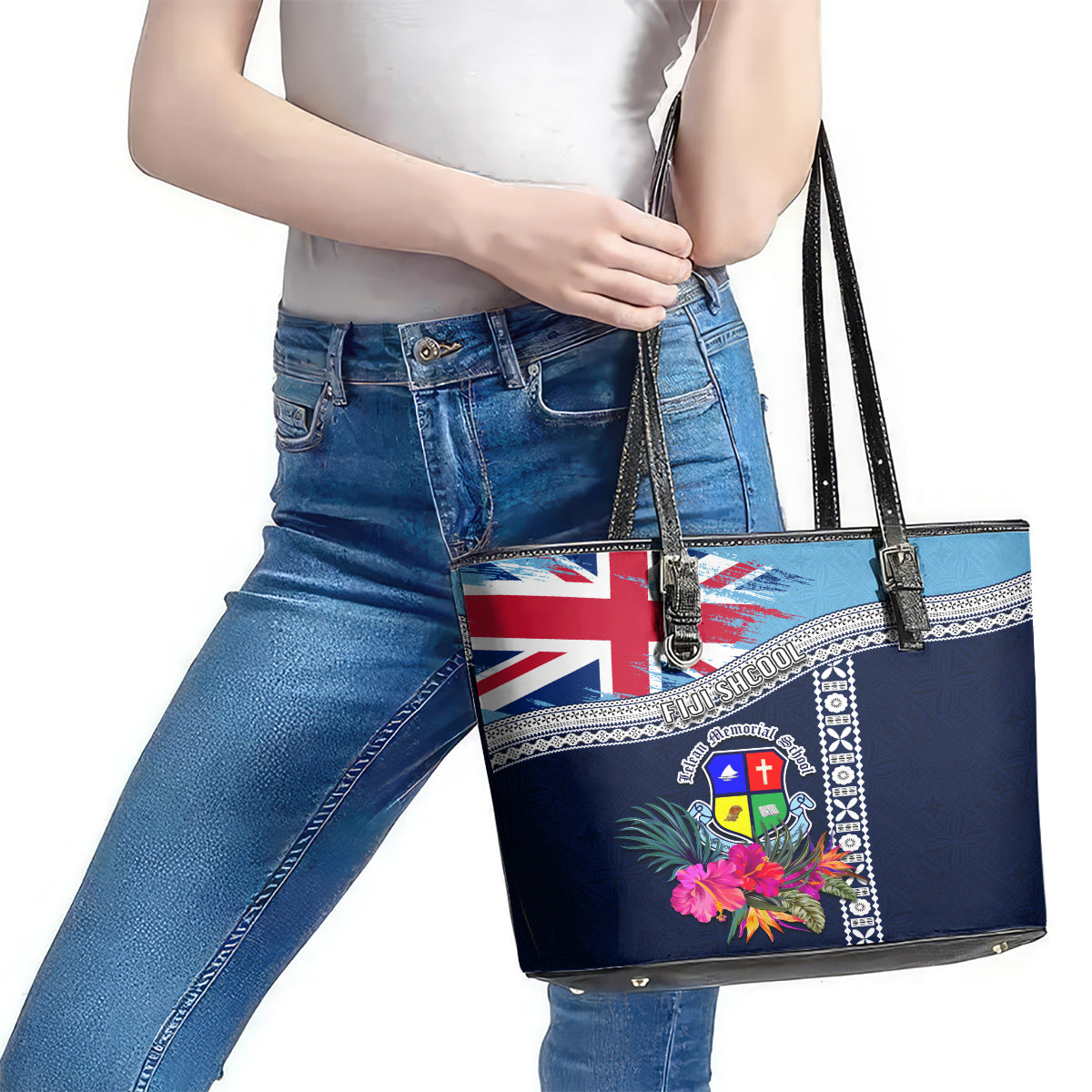 Fiji Lelean Memorial School Leather Tote Bag Tapa and Polynesian Tribal Pattern LT03 - Polynesian Pride