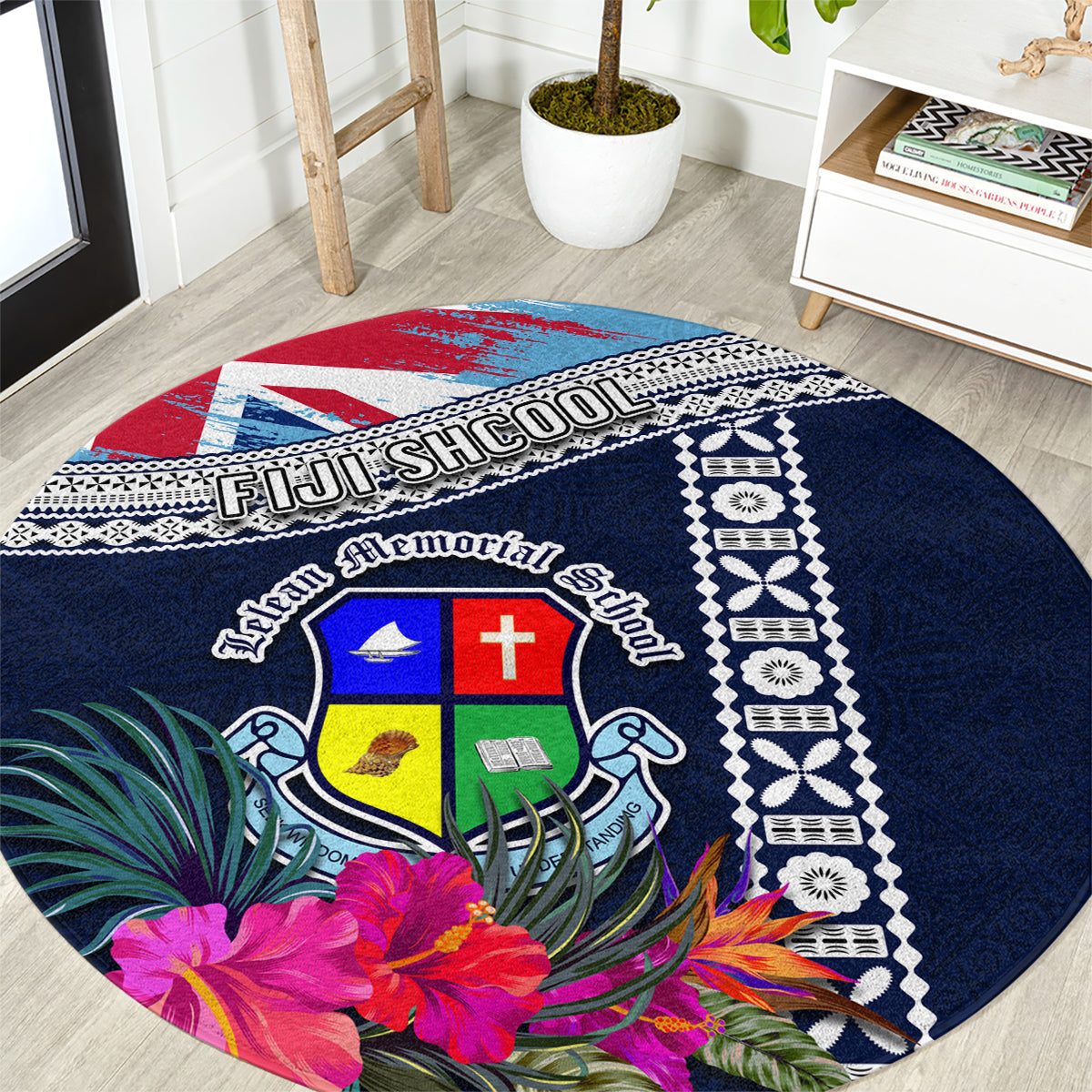 Fiji Lelean Memorial School Round Carpet Tapa and Polynesian Tribal Pattern LT03 Blue - Polynesian Pride