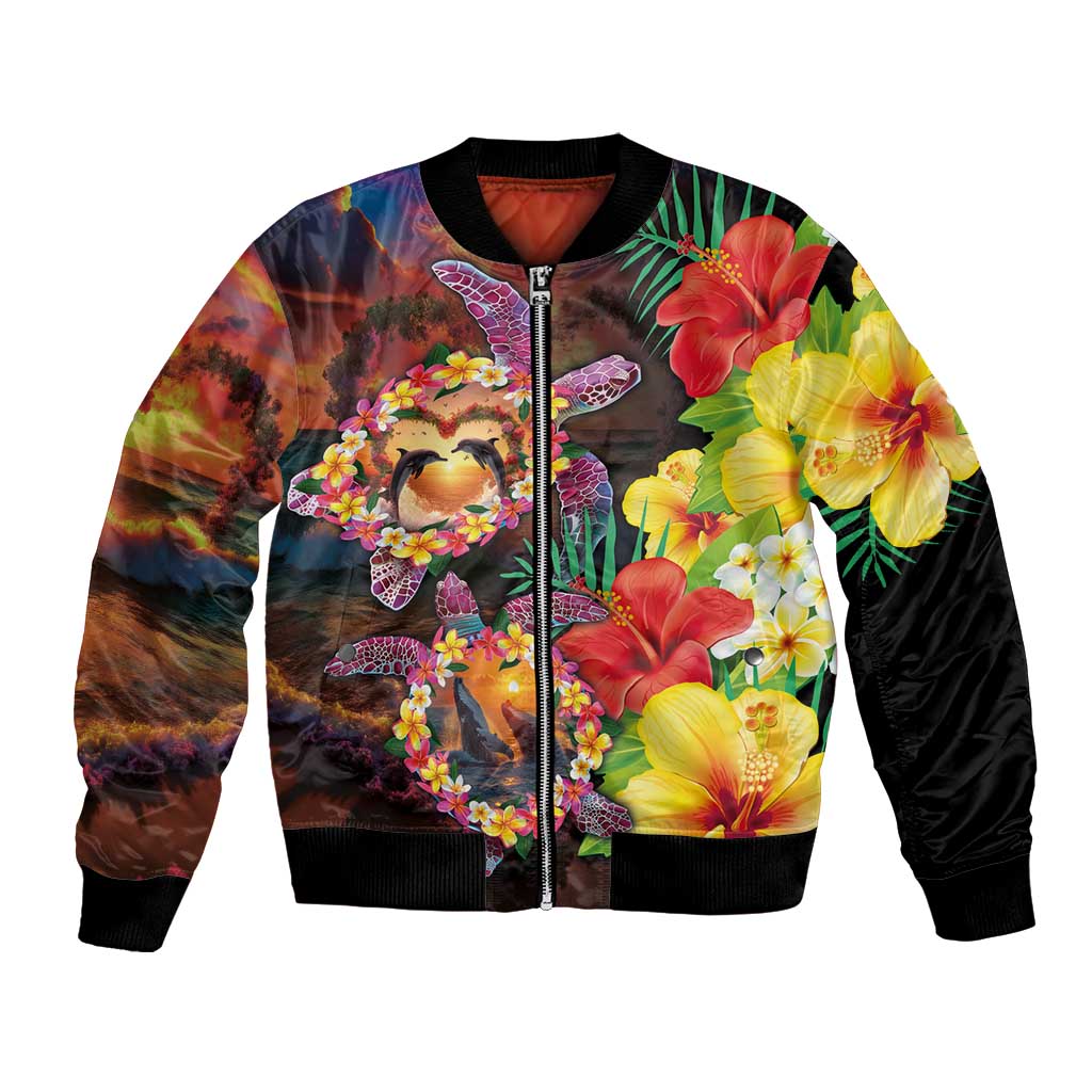 Hawaiian Sea Animals Love Couple Bomber Jacket Aloha Sunset Symphony LT03 Unisex Black - Polynesian Pride