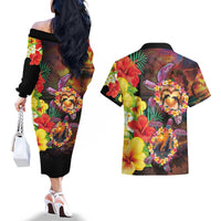 Hawaiian Sea Animals Love Couple Couples Matching Off The Shoulder Long Sleeve Dress and Hawaiian Shirt Aloha Sunset Symphony