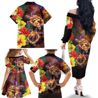 Hawaiian Sea Animals Love Couple Family Matching Off The Shoulder Long Sleeve Dress and Hawaiian Shirt Aloha Sunset Symphony