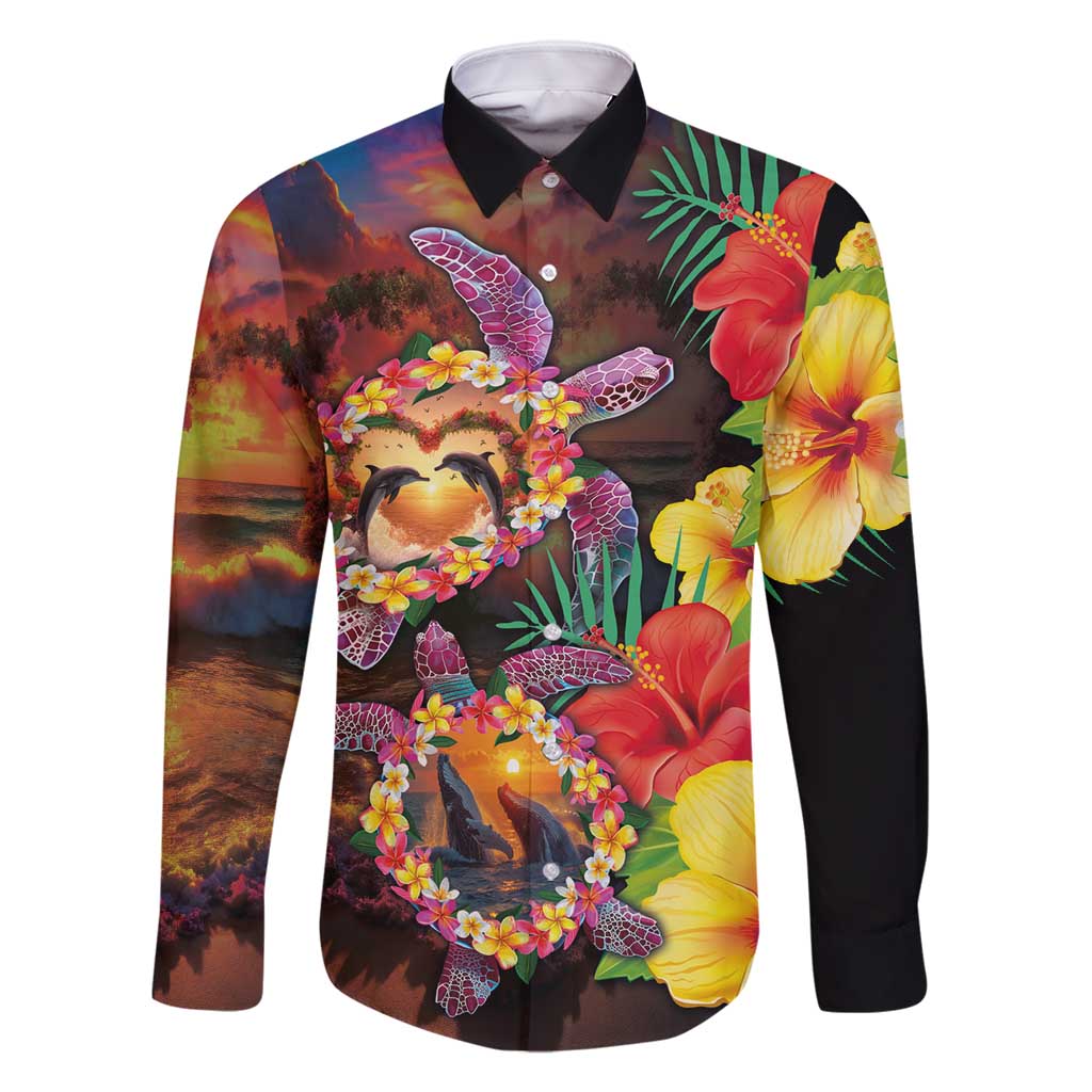 Hawaiian Sea Animals Love Couple Family Matching Summer Maxi Dress and Hawaiian Shirt Aloha Sunset Symphony LT03 Dad's Shirt - Long Sleeve Black - Polynesian Pride
