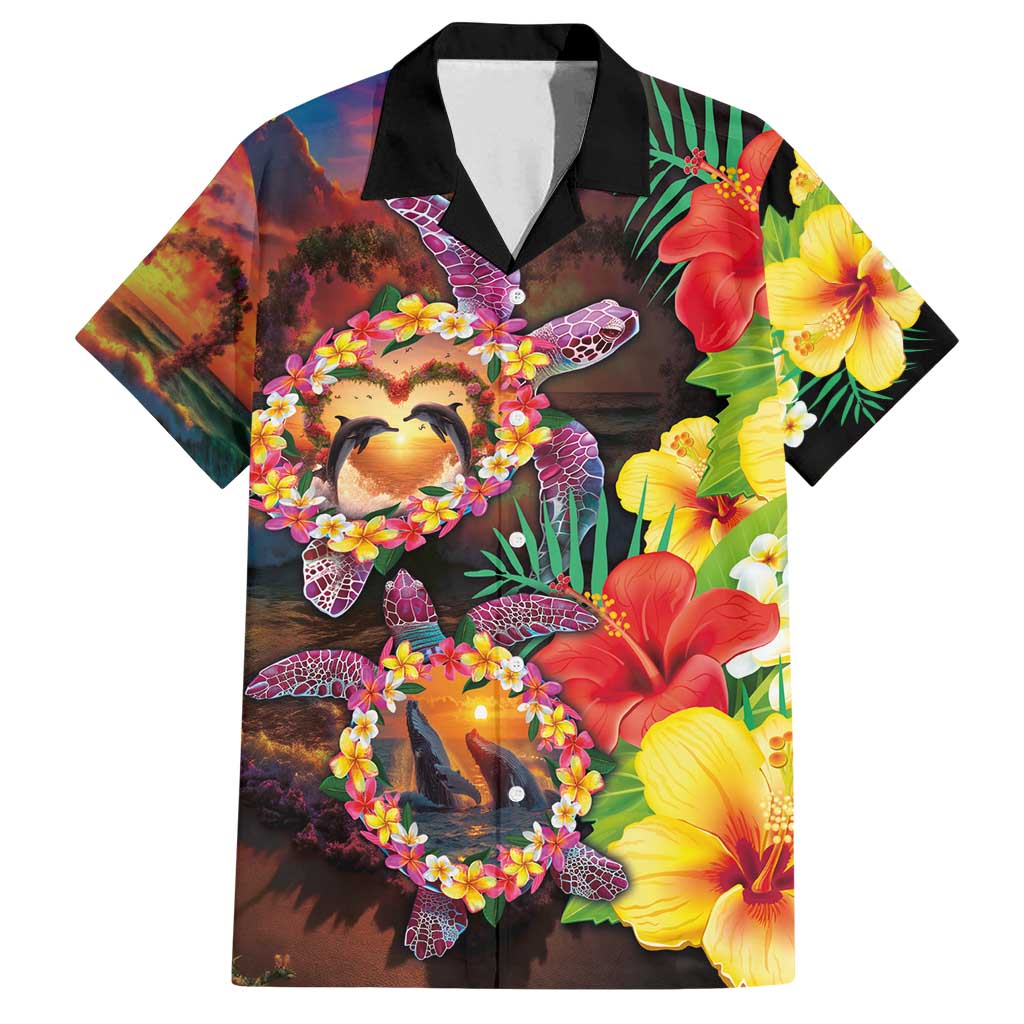 Hawaiian Sea Animals Love Couple Family Matching Tank Maxi Dress and Hawaiian Shirt Aloha Sunset Symphony LT03 Dad's Shirt - Short Sleeve Black - Polynesian Pride