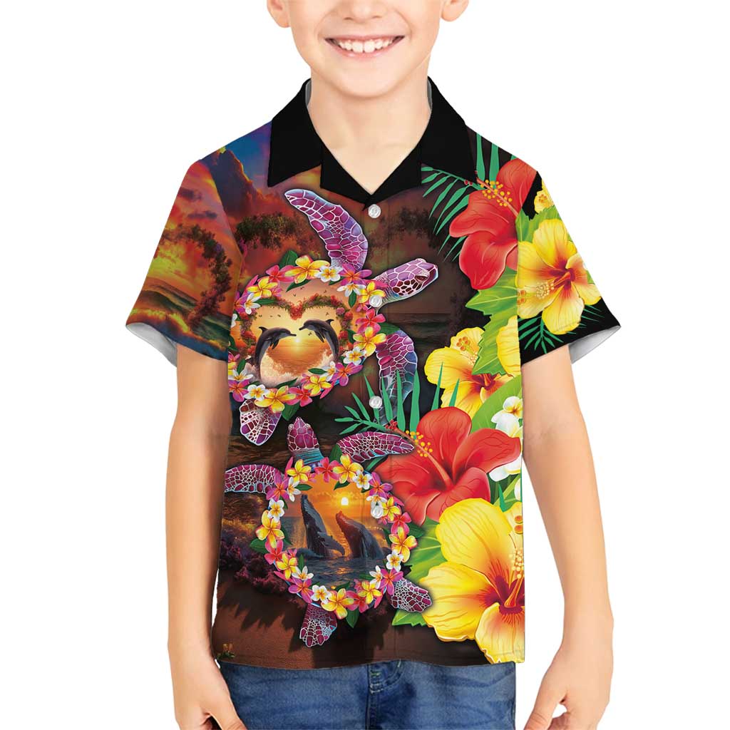 Hawaiian Sea Animals Love Couple Family Matching Tank Maxi Dress and Hawaiian Shirt Aloha Sunset Symphony LT03 Son's Shirt Black - Polynesian Pride