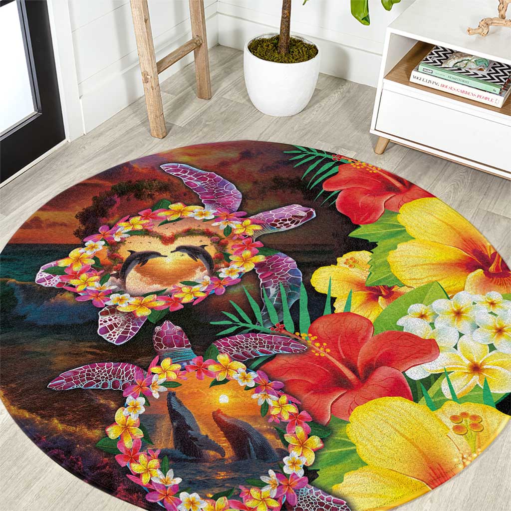 Hawaiian Sea Animals Love Couple Round Carpet Aloha Sunset Symphony LT03 Black - Polynesian Pride