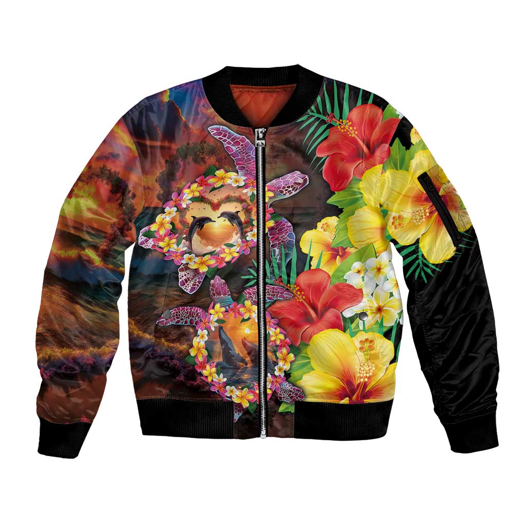Hawaiian Sea Animals Love Couple Sleeve Zip Bomber Jacket Aloha Sunset Symphony LT03 Unisex Black - Polynesian Pride