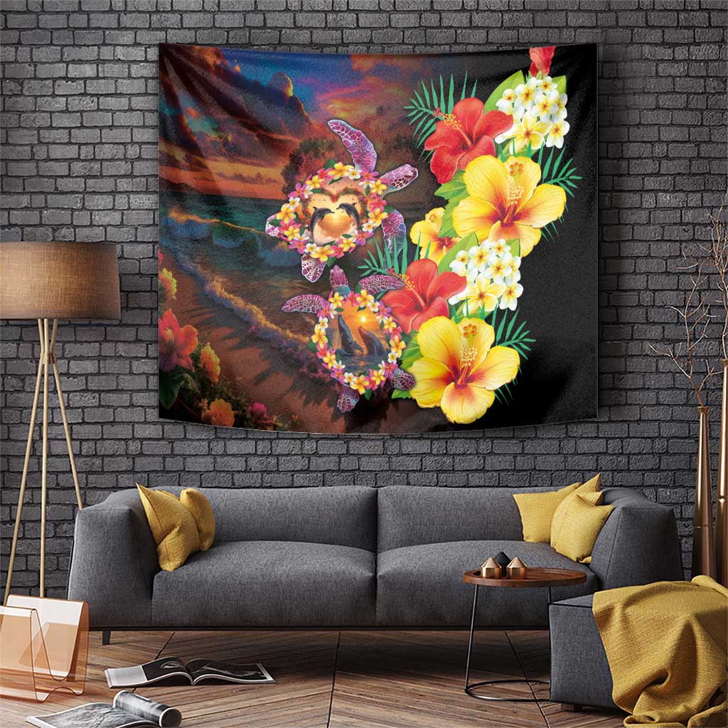 Hawaiian Sea Animals Love Couple Tapestry Aloha Sunset Symphony LT03 Black - Polynesian Pride