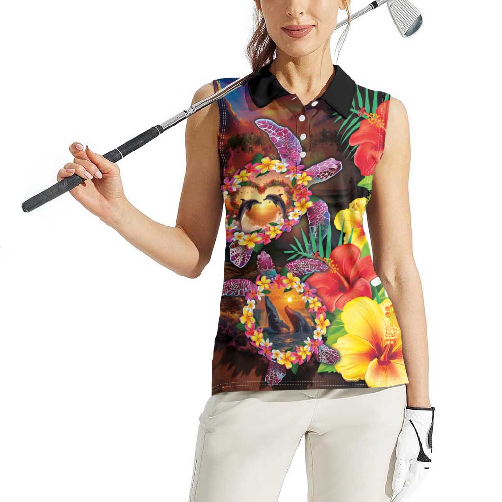 Hawaiian Sea Animals Love Couple Women Sleeveless Polo Shirt Aloha Sunset Symphony