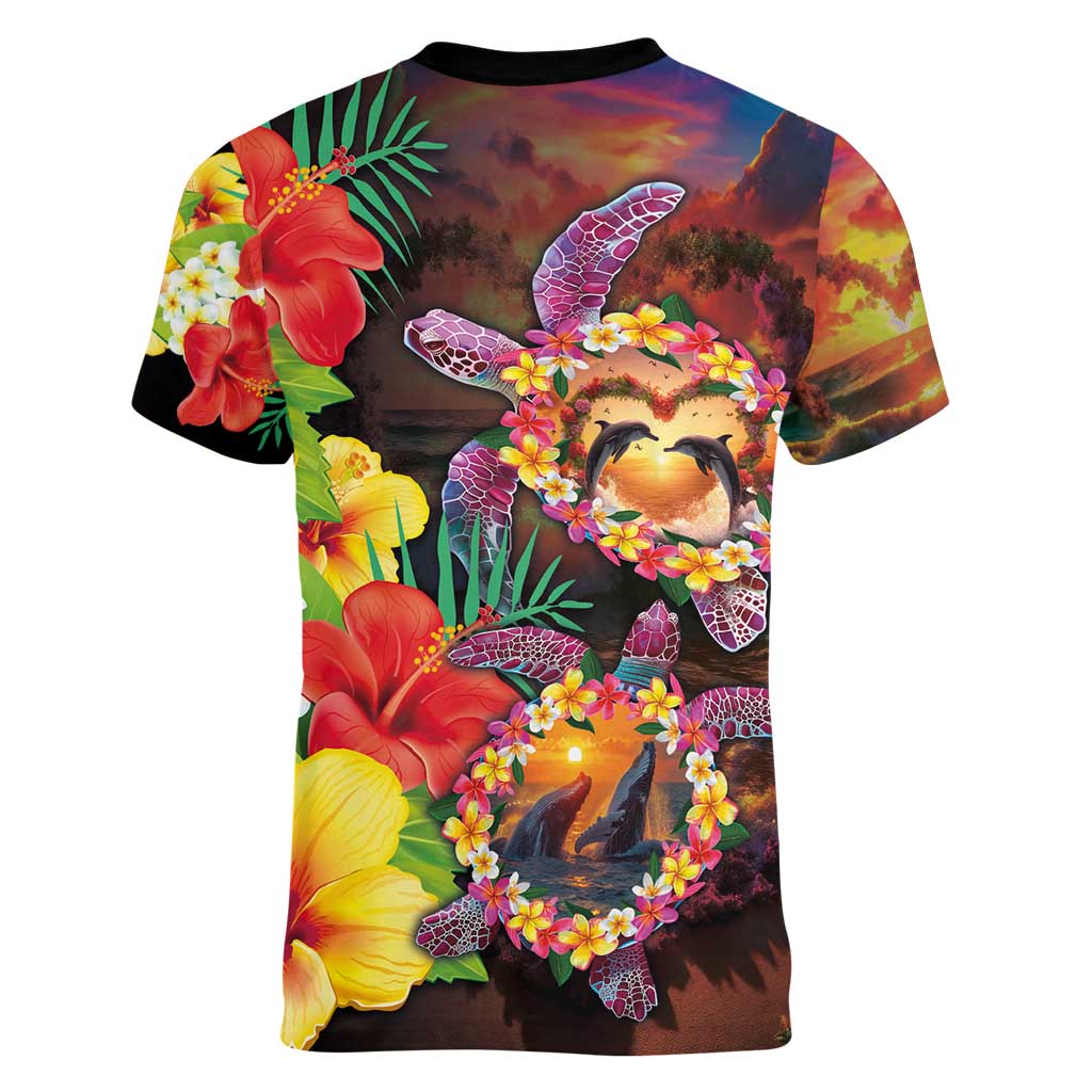 Hawaiian Sea Animals Love Couple Women V-Neck T-Shirt Aloha Sunset Symphony