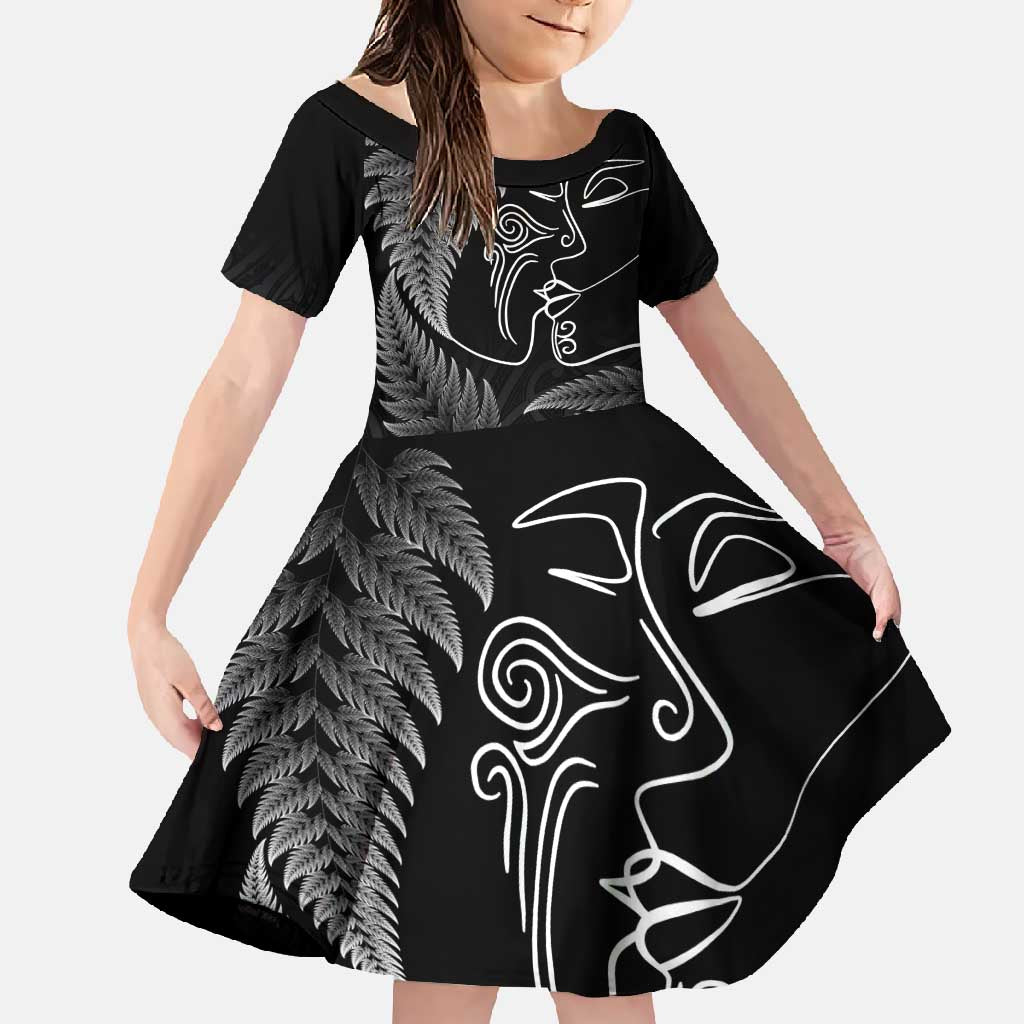New Zealand Valentine's Day Family Matching Mermaid Dress and Hawaiian Shirt Silver Fern and Line Art Love Couple LT03 Daughter's Dress Black - Polynesian Pride