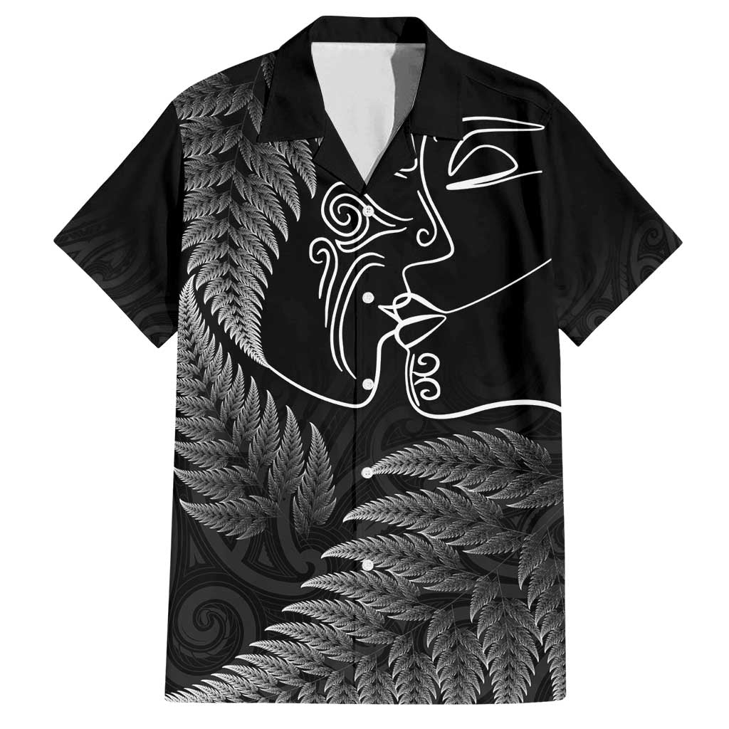 New Zealand Valentine's Day Family Matching Tank Maxi Dress and Hawaiian Shirt Silver Fern and Line Art Love Couple LT03 Dad's Shirt - Short Sleeve Black - Polynesian Pride