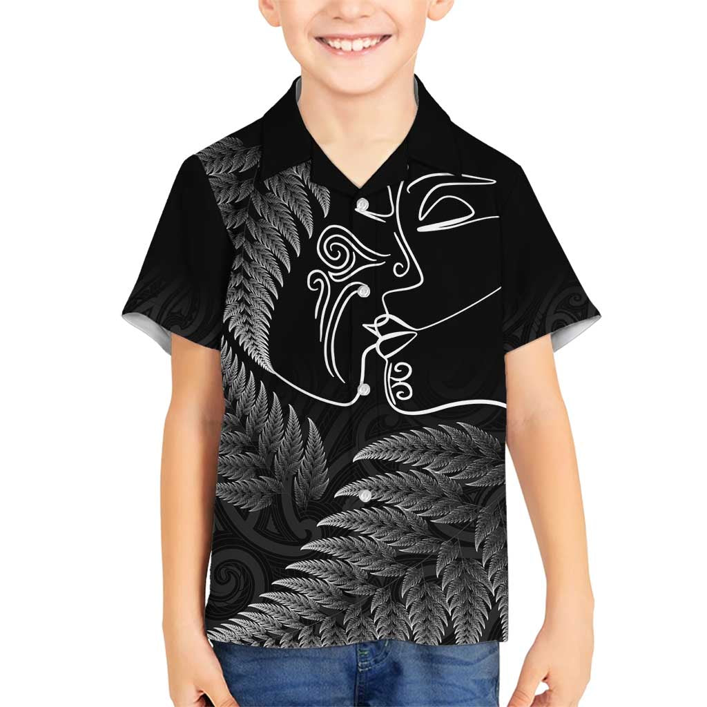 New Zealand Valentine's Day Family Matching Tank Maxi Dress and Hawaiian Shirt Silver Fern and Line Art Love Couple LT03 Son's Shirt Black - Polynesian Pride