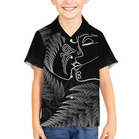 New Zealand Valentine's Day Family Matching Tank Maxi Dress and Hawaiian Shirt Silver Fern and Line Art Love Couple LT03 Son's Shirt Black - Polynesian Pride
