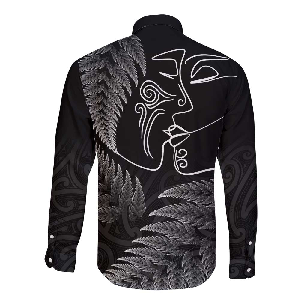 New Zealand Valentine's Day Long Sleeve Button Shirt Silver Fern and Line Art Love Couple