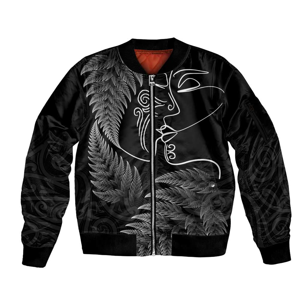 New Zealand Valentine's Day Sleeve Zip Bomber Jacket Silver Fern and Line Art Love Couple LT03 Unisex Black - Polynesian Pride