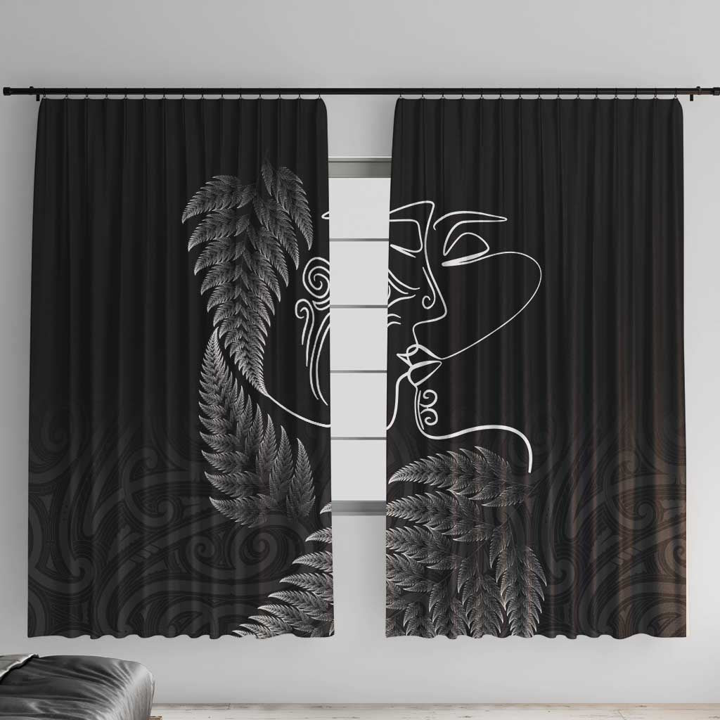 New Zealand Valentine's Day Window Curtain Silver Fern and Line Art Love Couple LT03 With Hooks Black - Polynesian Pride