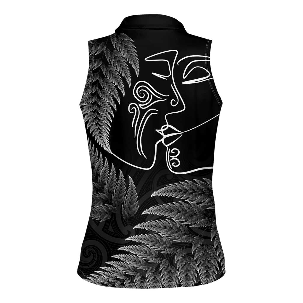 New Zealand Valentine's Day Women Sleeveless Polo Shirt Silver Fern and Line Art Love Couple