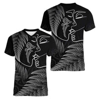 New Zealand Valentine's Day Women V-Neck T-Shirt Silver Fern and Line Art Love Couple
