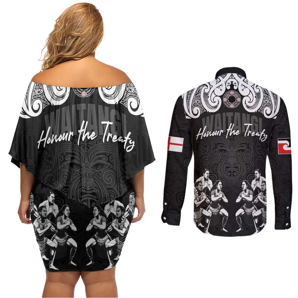 Aotearoa Waitangi Day - Toitu Te Tiriti Couples Matching Off Shoulder Short Dress and Long Sleeve Button Shirt New Zealand Honour the Treaty