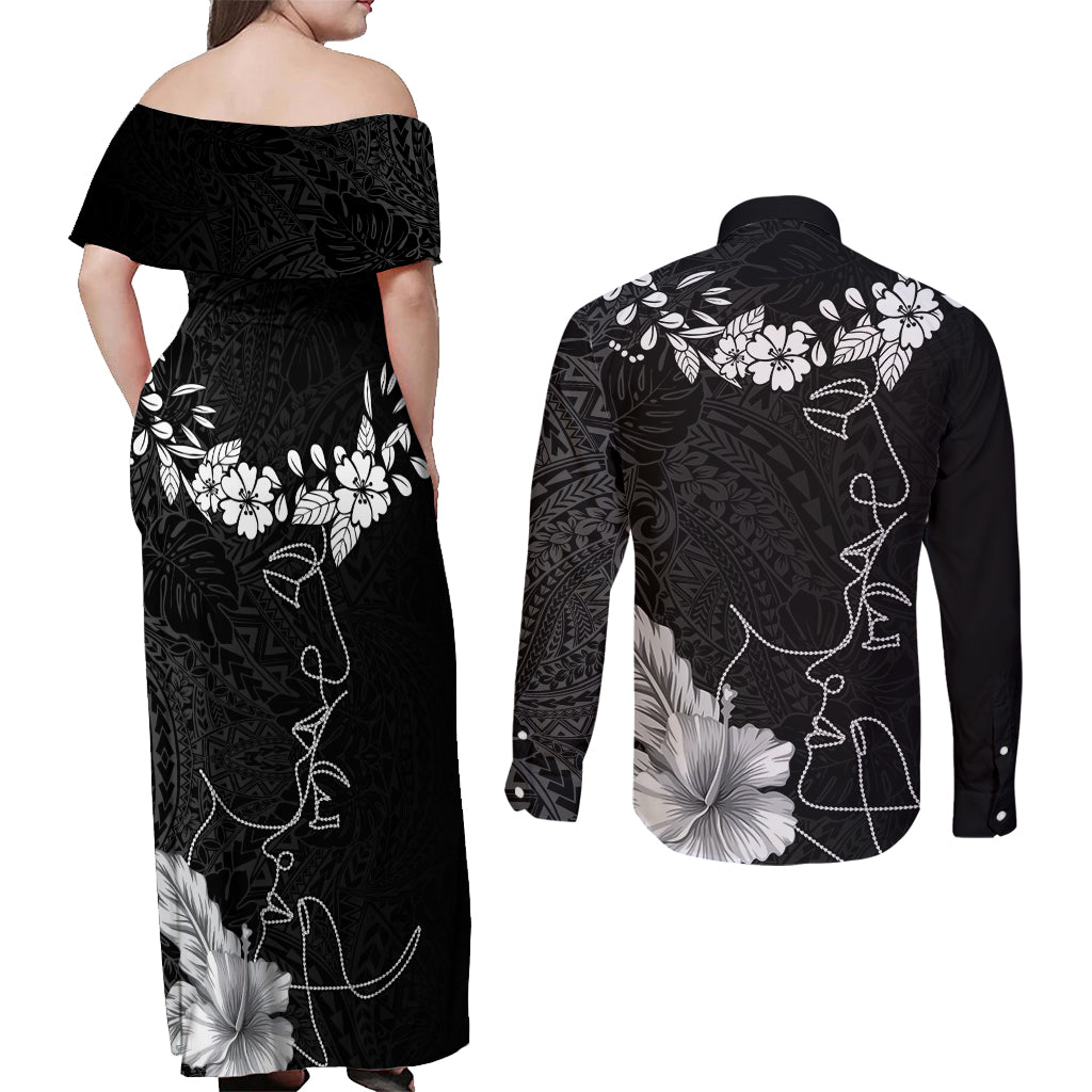 Hawaii Valentine Day Couples Matching Off Shoulder Maxi Dress and Long Sleeve Button Shirt Polynesian Line Art Love Couple Hibiscus Tribal Pattern LT03 - Polynesian Pride