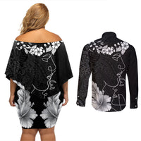 Hawaii Valentine Day Couples Matching Off Shoulder Short Dress and Long Sleeve Button Shirt Polynesian Line Art Love Couple Hibiscus Tribal Pattern LT03 - Polynesian Pride