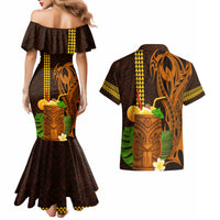 Hawaii Tiki Mask Cocktail Couples Matching Mermaid Dress and Hawaiian Shirt Kakau Tattoo LT03 - Polynesian Pride
