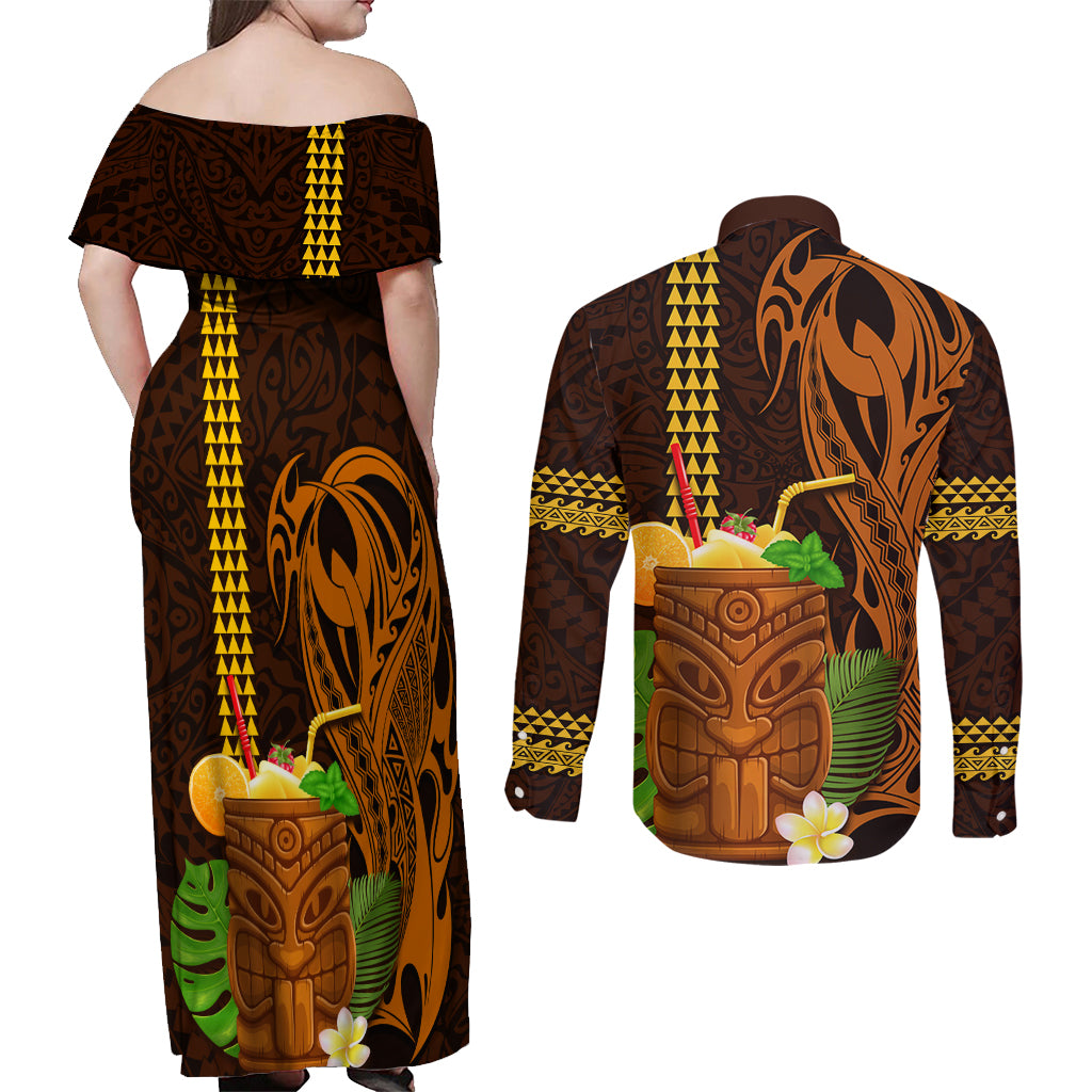 Hawaii Tiki Mask Cocktail Couples Matching Off Shoulder Maxi Dress and Long Sleeve Button Shirt Kakau Tattoo LT03 - Polynesian Pride