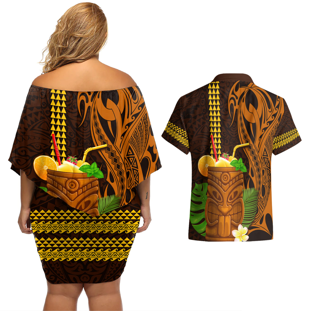 Hawaii Tiki Mask Cocktail Couples Matching Off Shoulder Short Dress and Hawaiian Shirt Kakau Tattoo LT03 - Polynesian Pride