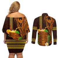 Hawaii Tiki Mask Cocktail Couples Matching Off Shoulder Short Dress and Long Sleeve Button Shirt Kakau Tattoo LT03 - Polynesian Pride