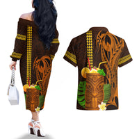 Hawaii Tiki Mask Cocktail Couples Matching Off The Shoulder Long Sleeve Dress and Hawaiian Shirt Kakau Tattoo LT03 - Polynesian Pride