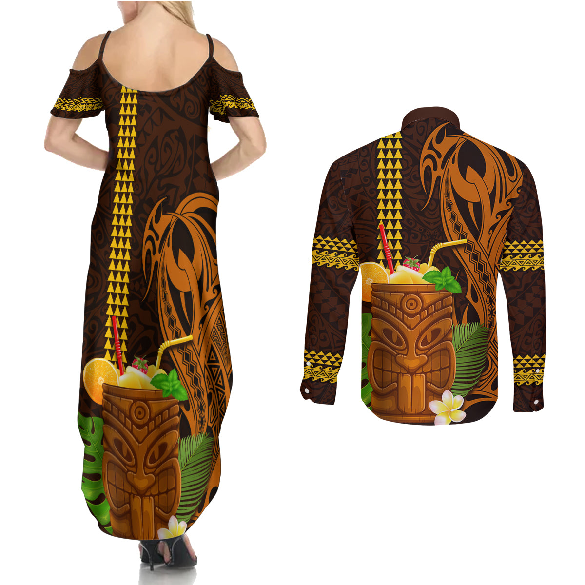 Hawaii Tiki Mask Cocktail Couples Matching Summer Maxi Dress and Long Sleeve Button Shirt Kakau Tattoo LT03 - Polynesian Pride