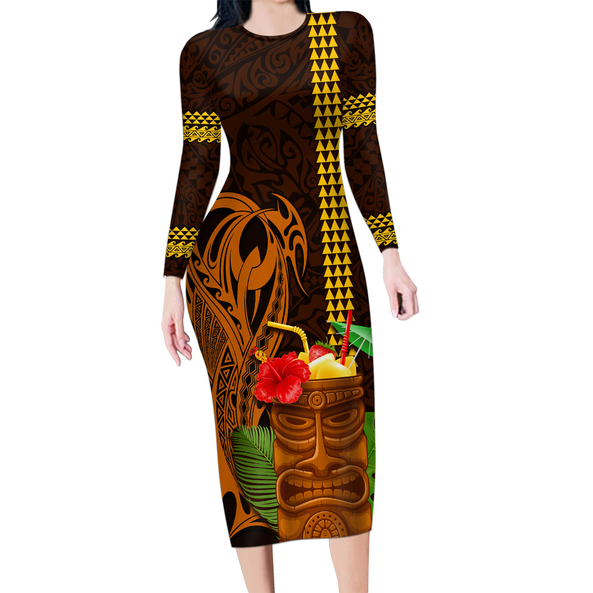 Hawaii Tiki Mask Cocktail Family Matching Long Sleeve Bodycon Dress and Hawaiian Shirt Kakau Tattoo LT03 Mom's Dress Brown - Polynesian Pride
