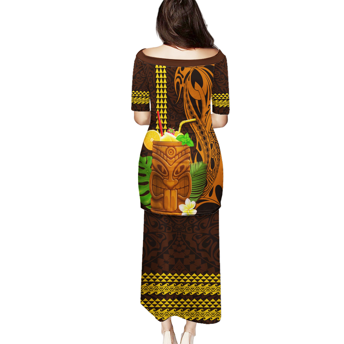 Hawaii Tiki Mask Cocktail Family Matching Puletasi and Hawaiian Shirt Kakau Tattoo LT03 - Polynesian Pride