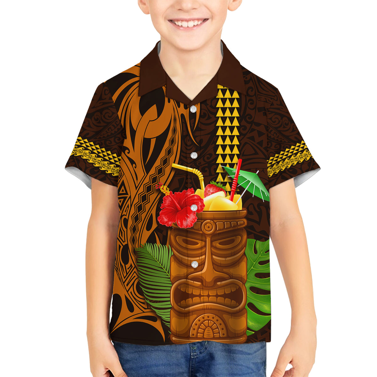 Hawaii Tiki Mask Cocktail Family Matching Puletasi and Hawaiian Shirt Kakau Tattoo LT03 Son's Shirt Brown - Polynesian Pride