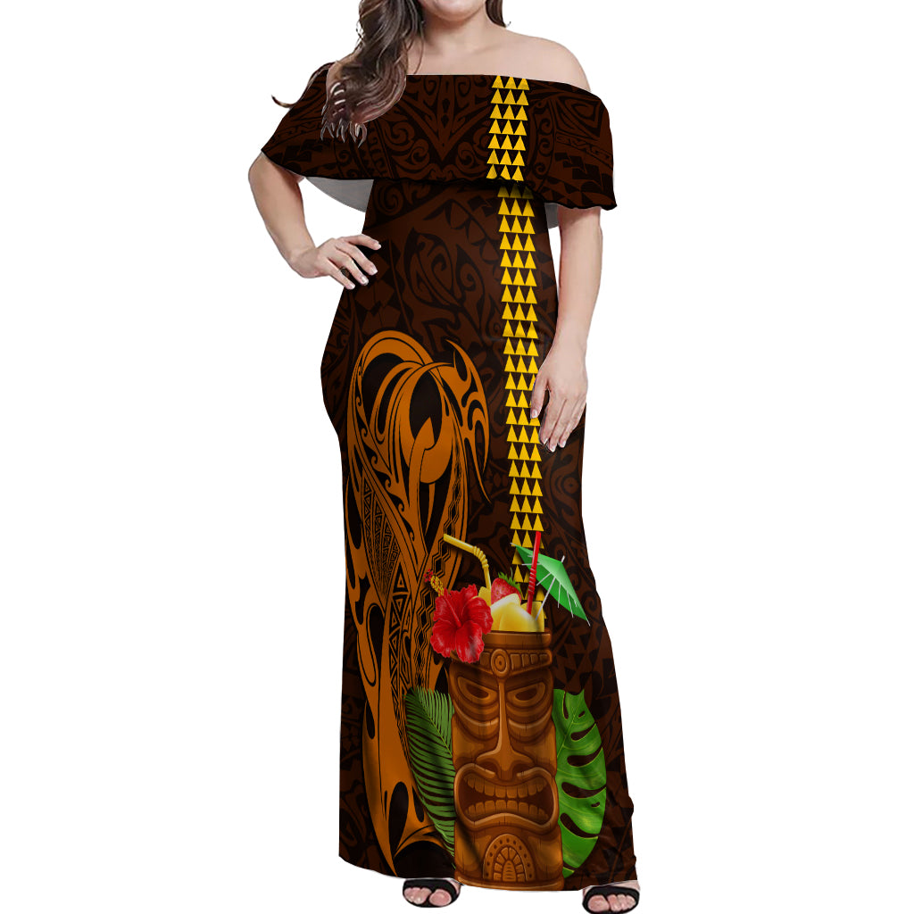 Hawaii Tiki Mask Cocktail Off Shoulder Maxi Dress Kakau Tattoo LT03 Women Brown - Polynesian Pride